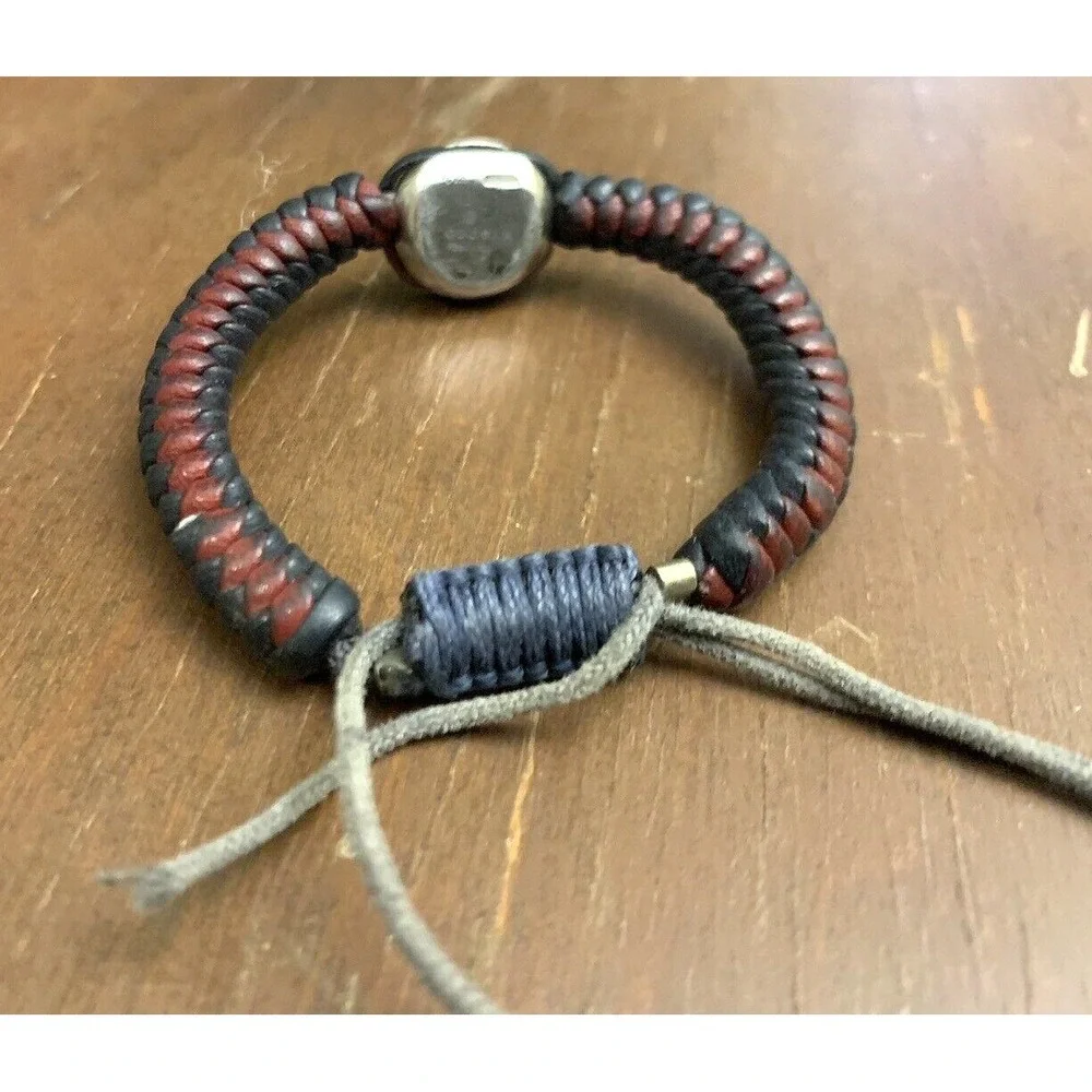 Gucci Bracelet Mens Braided Leather Vintage Sterling Silver Red Blue Crest FLAW